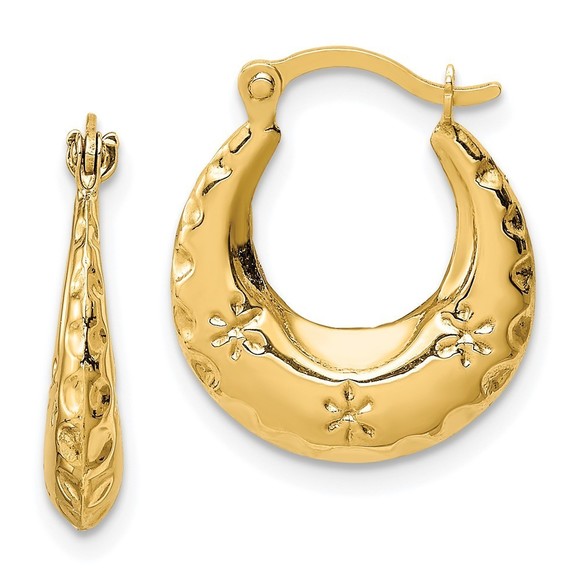 14k Yellow Gold Textured Stamped Hoop Earrings 16.6 L x 14.6 mm W